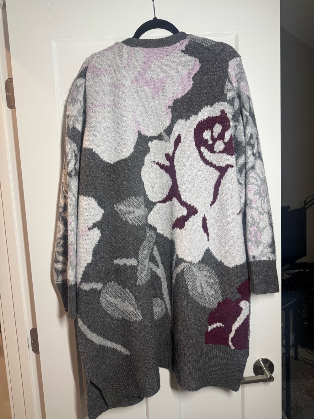 Rachel Zoe Gray Floral Open-Front Cardigan with Burgundy Accents - Picture 2 of 3